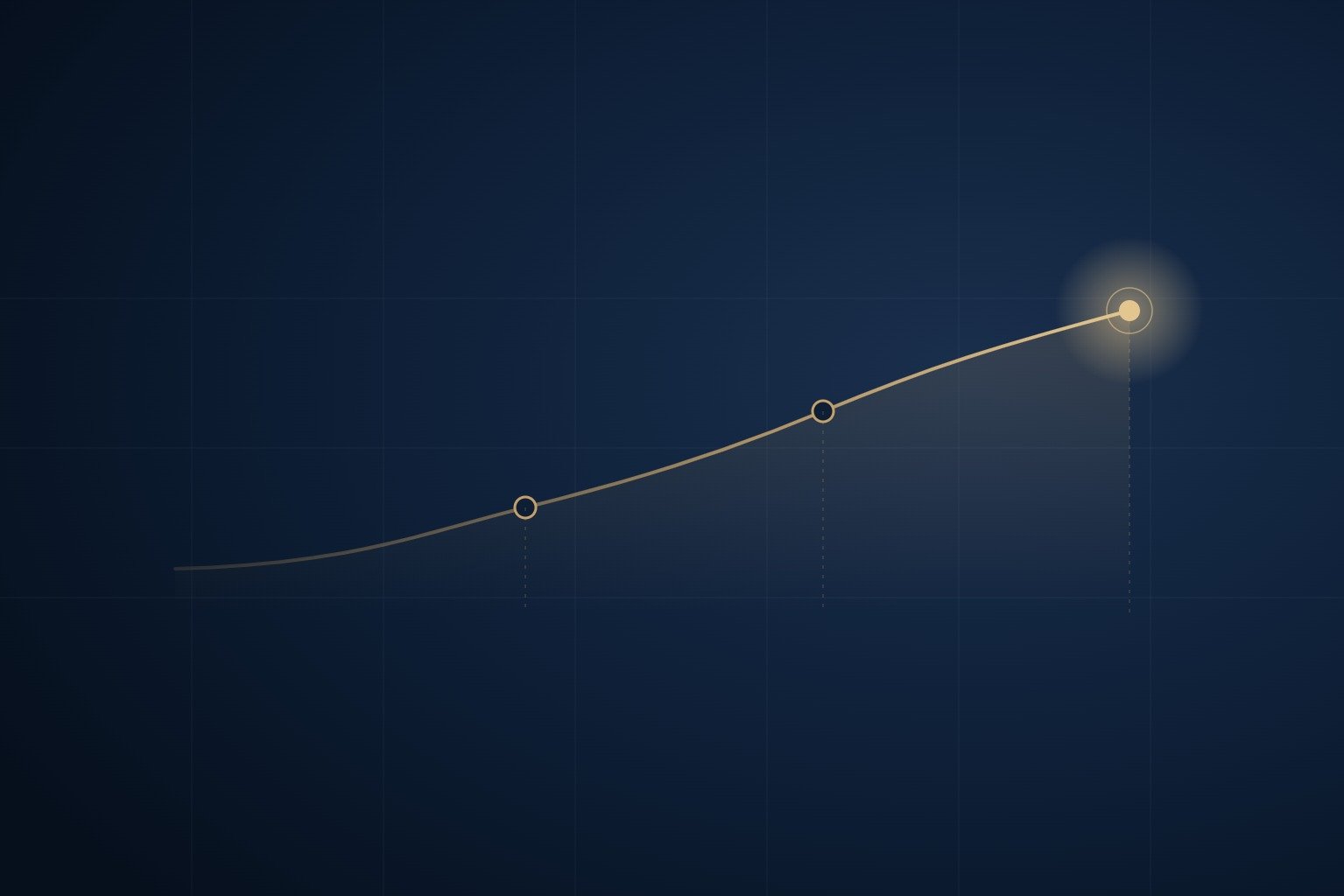 Rising gold performance line on a dark navy background, ending in a single highlighted point that represents the executive delivering the investment thesis